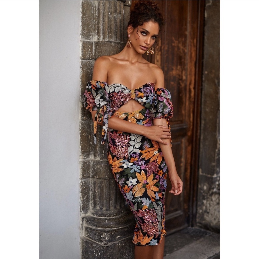 ALAMOUR THE LABEL Flora Sequined Off the Shoulder Midi Dress